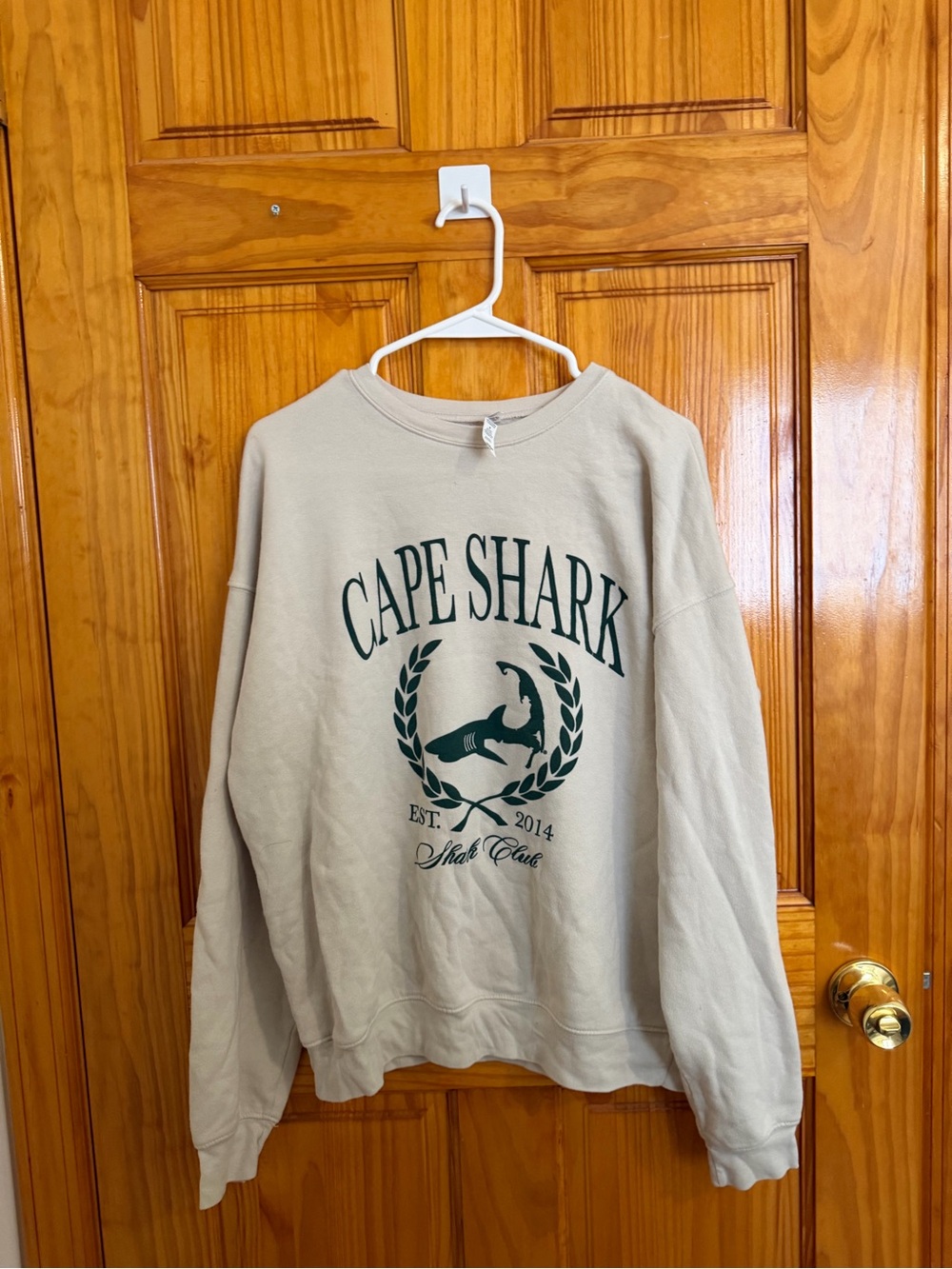 Hanes Beige Crewneck with Dark Green Cape Shark Graphic
